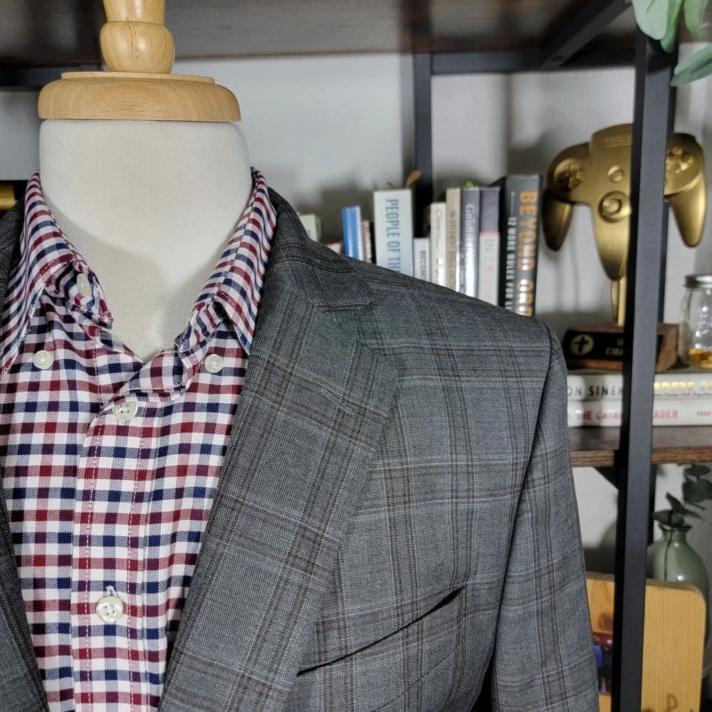 Stafford Men's Sport Coat Blazer Two Button Gray Brown Plaid Classic‎ Fit Sz 44R